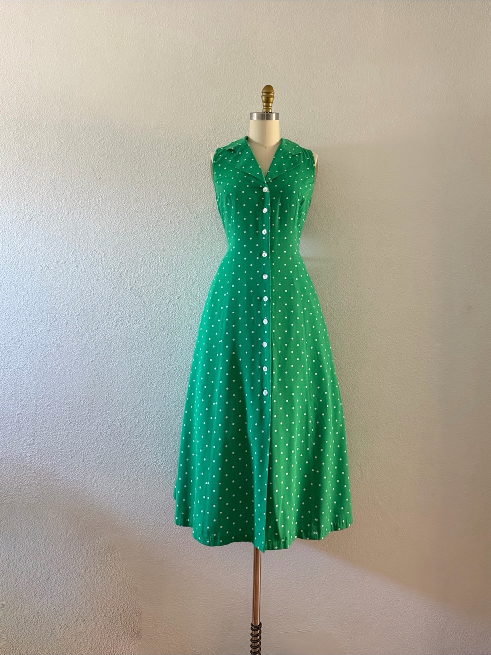Vintage Green Polka Dot Button-Front Midi Dress